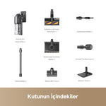 Görseli Galeri görüntüleyiciye yükleyin, Dreame R20 Ultra AquaCycle kutu içeriği: ana gövde, fırça başlıkları, HEPA filtre, uzatma borusu ve şarj standı.