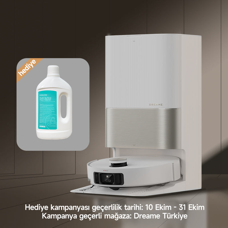 Dreame beyaz akıllı robot süpürge ve otomatik boşaltma istasyonu ile kablosuz temizlik çözümü.