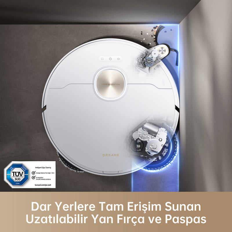 Uzatılabilir yan fırça ve paspas ile dar alanlara tam erişim sağlayan Dreame robot süpürge. Renk | Beyaz 