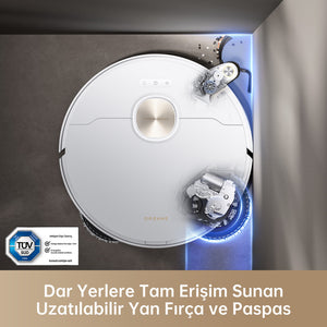 Uzatılabilir yan fırça ve paspas ile dar alanlara tam erişim sağlayan Dreame robot süpürge. Renk | Beyaz 