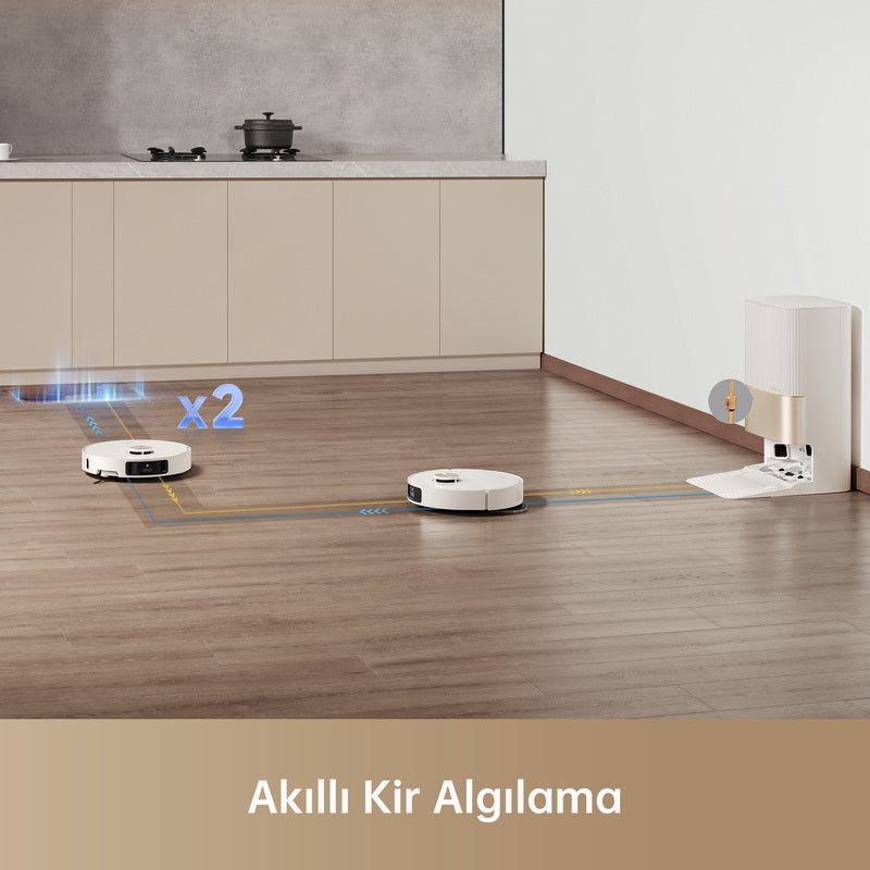 Akıllı kir algılama özelliğiyle temizlik ihtiyacına göre gücünü ayarlayan robot süpürge. Renk | Beyaz 