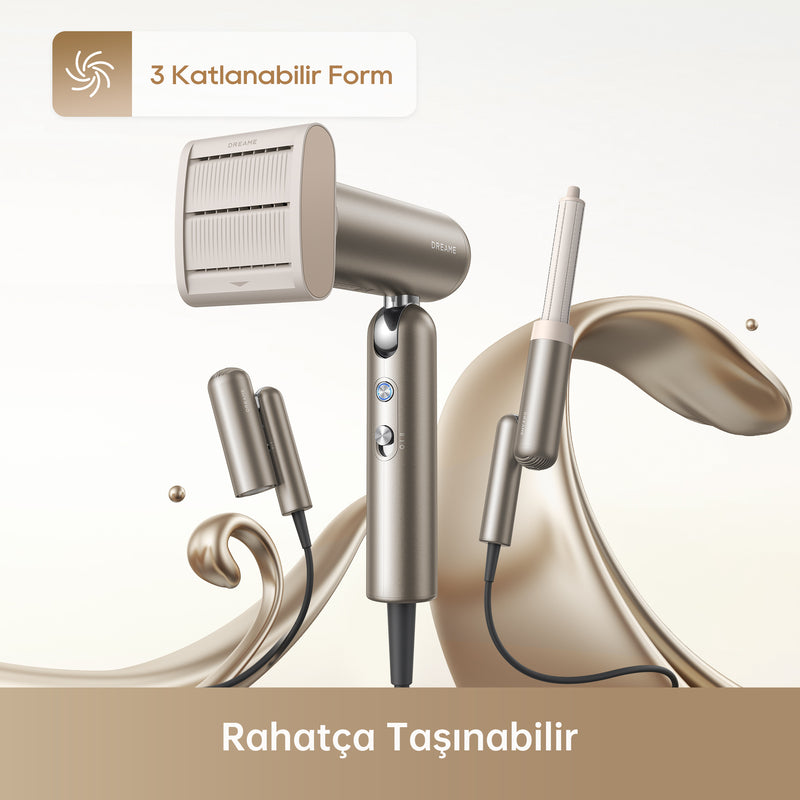 Dreame Pocket saç kurutma makinesi, kompakt tasarım, manyetik başlık ve taşıma çantasıyla birlikte.