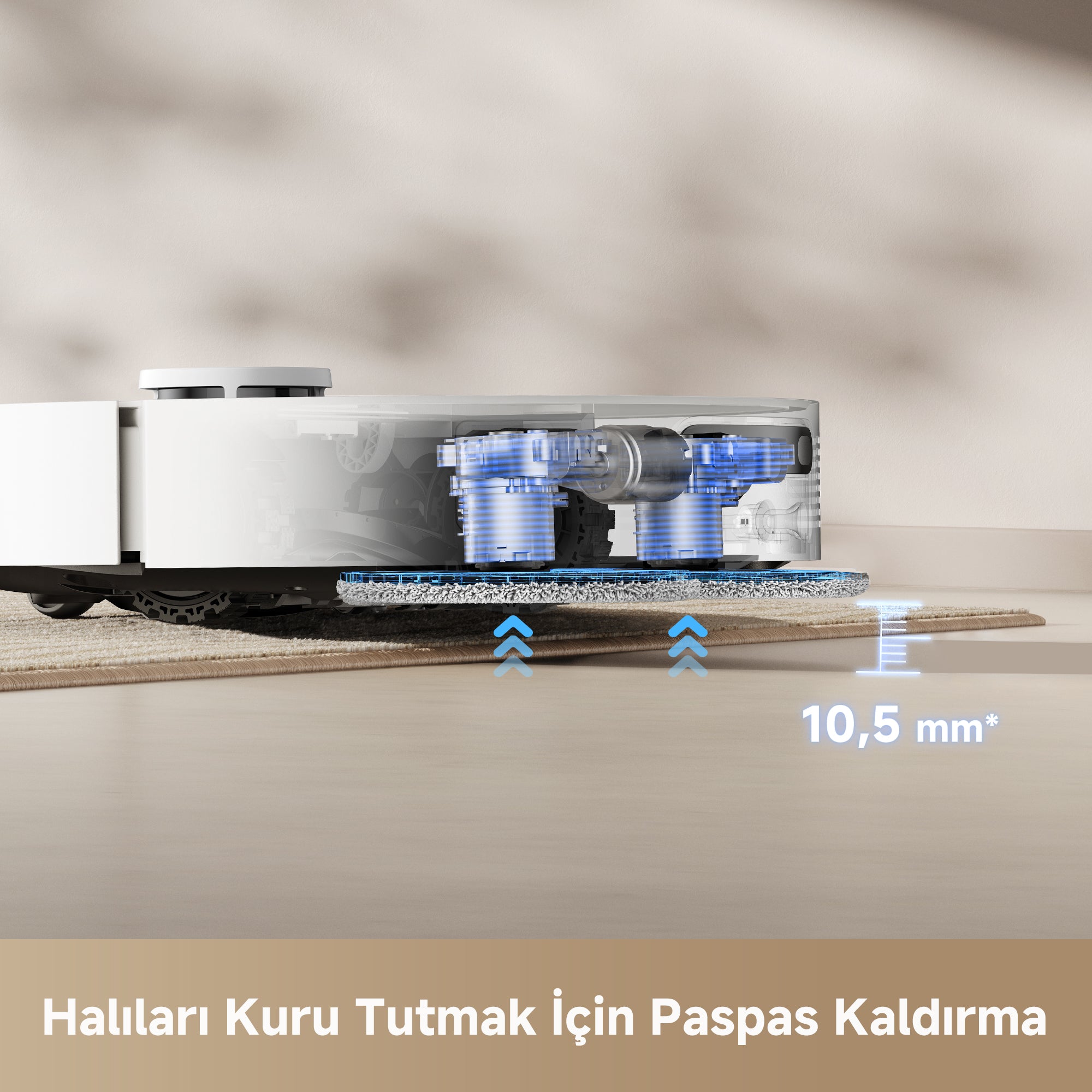 Mop pedlerinin halı üzerine gelince otomatik kalkış özelliği tanıtılıyor.
