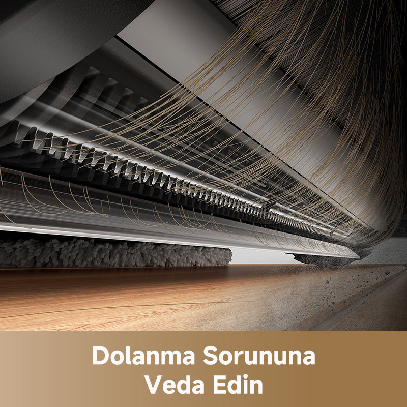 Süpürge altındaki fırça, saç ve tüy dolanmasını önleyen tasarımıyla gösteriliyor.