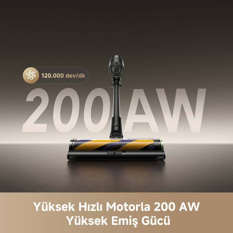 200 AW yüksek emiş gücü ve 100.000 rpm motoruyla Dreame R20 Ultra AquaCycle güçlü temizlik sağlar.