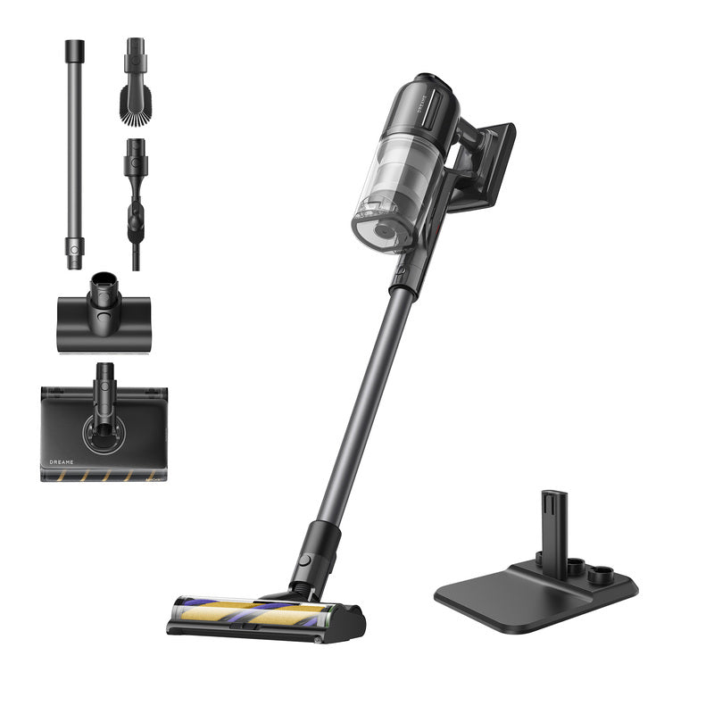 Dreame R20 Ultra AquaCycle kablosuz dikey süpürge, tam set aksesuarları ve şarj standı ile.
